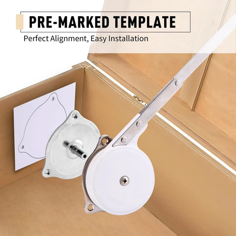 Soft Close Toy Box Hinges Set with No Pinch Lid Support installed on wooden box with pre-marked template for easy installation