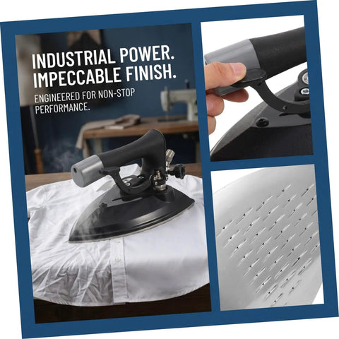 Industrial Grade Steam Iron With Precision Temperature Control For Bulk Loads And Dry Cleaning Factories, Metal Body, Fast Heat, Heavy Duty Performance, Pressing Table Ready, Built For Repeated Commercial Use on white shirt