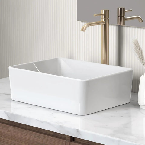 Rectangular White Vessel Sink For Bathroom Countertop With Premium Glaze, Above Counter Porcelain Ceramic Vanity Basin 15.75 x 11.82 x 5.35 In