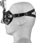 Side view of mannequin wearing Scuba Mask With Built-In GoPro Mount For All GoPro Hero Cameras, Ultra Soft Silicone Skirt, Black