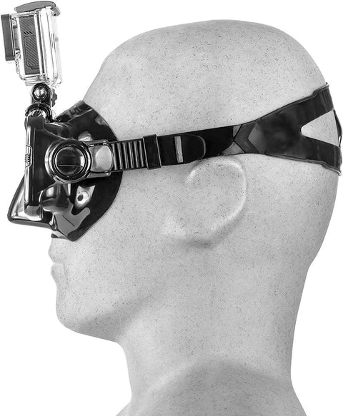 Side view of mannequin wearing Scuba Mask With Built-In GoPro Mount For All GoPro Hero Cameras, Ultra Soft Silicone Skirt, Black