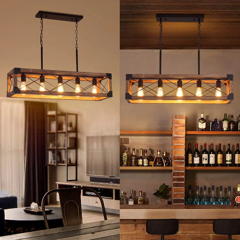 Farmhouse Linear Pendant Light for Kitchen Island and Dining Room, 5 Light Rustic Wood Grain Industrial Chandelier, dual setting
