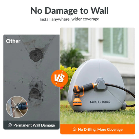 Comparison of wall damage vs No Fuss Easy Install Retractable Heavy Duty Garden Hose Reel One Half Inch By Eighty Two Foot Auto Rewind