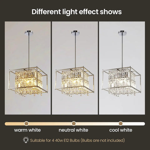 Raindrop Crystal Pendant Light For Kitchen Island With Adjustable Height And Chrome Frame showing warm, neutral, cool light effects.