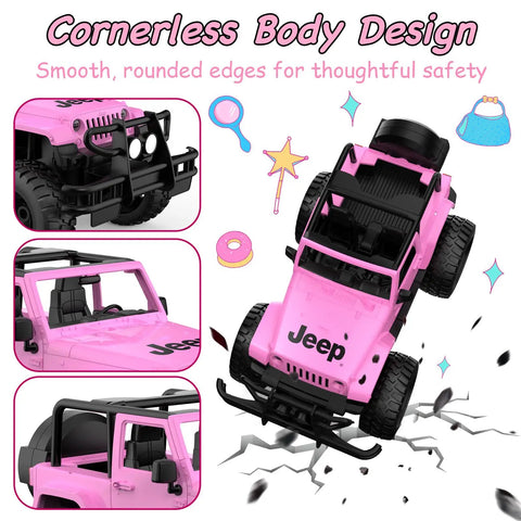 Jeep Licensed Pink 1:14 Scale Remote Control Car For Girls Open Top Off Road RC Jeep With LED Lights showing cornerless design