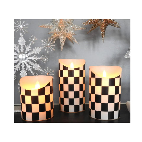 Flickering Flameless LED Battery Candles Set Of Three With Remote Control Unscented Black And White Checkered Large Square Pillars