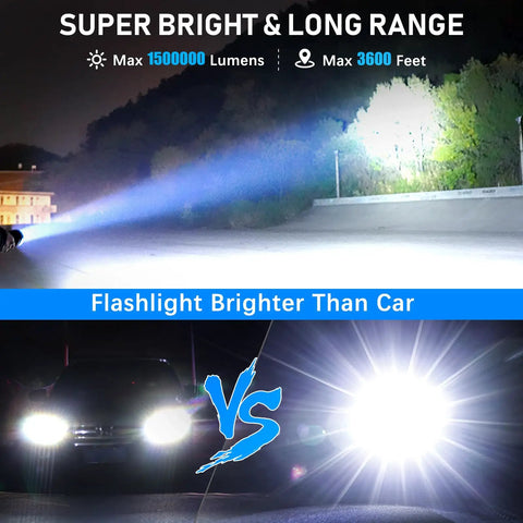 Rechargeable 1.5 Million Lumen Tactical Flashlight With Zoomable Beam, 5 Modes, Waterproof, Long Battery Life shining brighter than car headlights