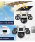 Kickass 4G Outdoor Security Camera With Triple Lens Setup And Smart Panoramic Tracking showing solar panel and charging options.