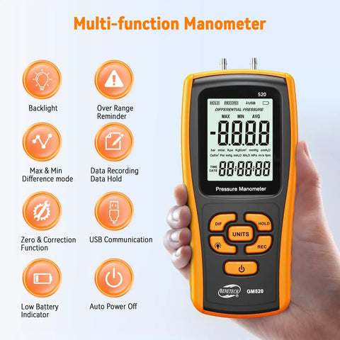 Person holding a Handheld Manometer Gas Pressure Tester for HVAC Pros and DIYers with digital display and function icons.