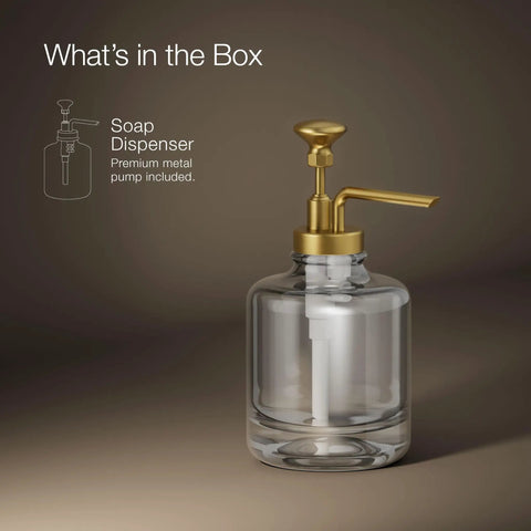 Artifacts Soap Dispenser Assembly For Kitchen And Bath, Heavy Duty Metal Build With Glass Reservoir, Corrosion Tarnish Resistant