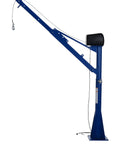 Built Like A Tank Freestanding AC Powered Jib Crane features a blue heavy duty steel frame with electric winch and 25 ft cable.