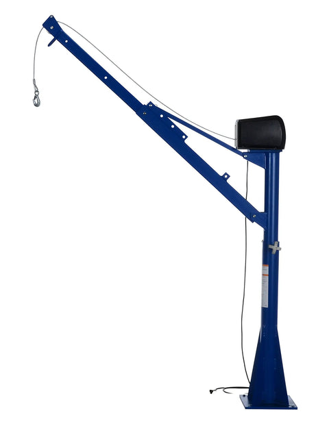 Built Like A Tank Freestanding AC Powered Jib Crane features a blue heavy duty steel frame with electric winch and 25 ft cable.