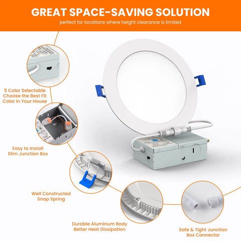 Diagram of Six Pack Ultra Thin 6 Inch LED Recessed Ceiling Lights With Junction Box No Hassle Install, 5CCT Dimmable features