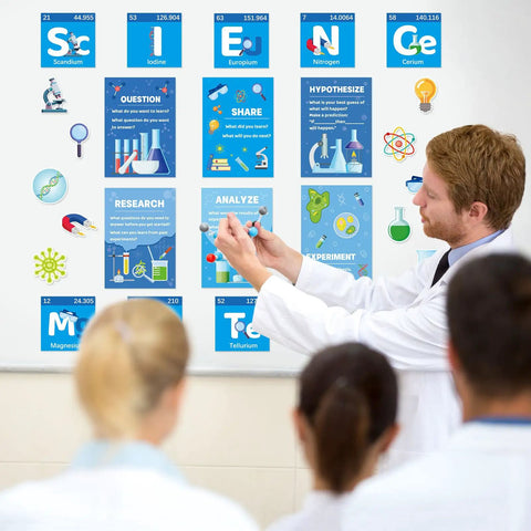 Teacher explaining vibrant science posters bulletin board set for classrooms with 16 colorful posters and 10 themed cutouts on wall.