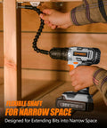 Cordless Drill Driver Kit 20V Max Three Eighths Inch Compact Set with 2Ah Battery, flexible shaft in narrow space usage