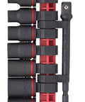 8 Piece 3/8 Inch Drive SAE Impact Socket Set with heavy duty heat treated steel, includes sockets and hex adapter on red holder
