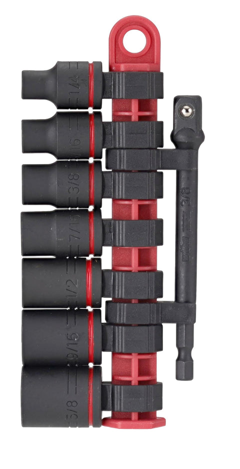 8 Piece 3/8 Inch Drive SAE Impact Socket Set with heavy duty heat treated steel, includes sockets and hex adapter on red holder