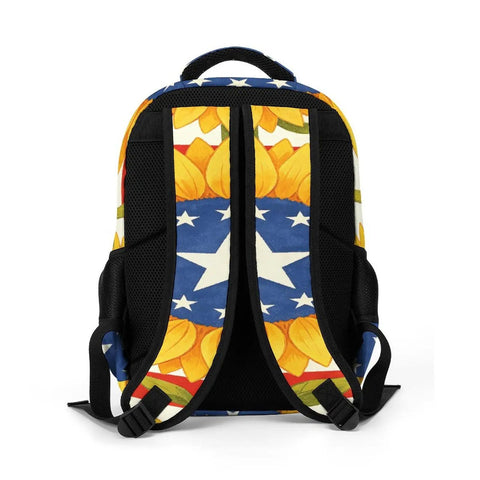Back view of American Sunflower Flag Printed Unisex Backpack showing padded straps and breathable comfort
