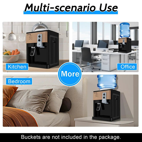 Three Temperature Water Dispenser with Hot Cold Warm Settings shown in kitchen, office, and bedroom settings, no fuss freestanding unit