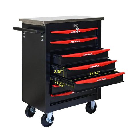 Heavy Duty Steel Tool Cabinet With Lock And Ball Bearing Drawers On Mobile Wheels For Garage Or Workshop with open drawers