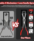 Comparison of standard long reach pliers versus 13 Inch Extra Long Internal Snap Ring Pliers With Double Joint Long Reach For Deep Retaining Rings In Housings And Gearboxes Ideal Circlip Pliers For Automotive Snap Ring Removal Tool, highlighting double-X mechanism for reduced handle spread.