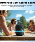 StormBox Mini Plus Portable Bluetooth Speaker With 360 Surround Sound, 12W Output, IPX7 Waterproof on outdoor table
