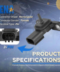 MAP sensor, rectangular 3-pin connector, black plastic housing with mounting tab and vacuum port