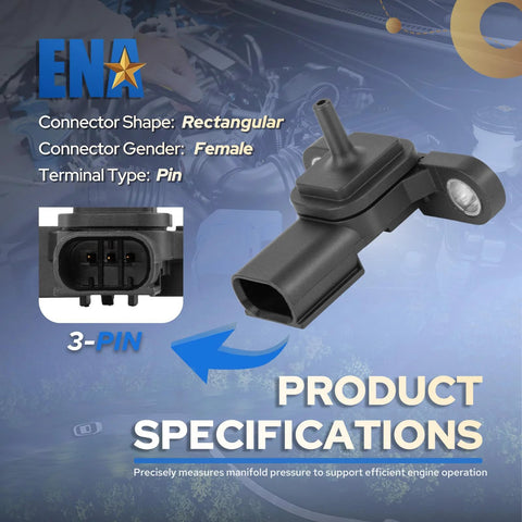MAP sensor, rectangular 3-pin connector, black plastic housing with mounting tab and vacuum port