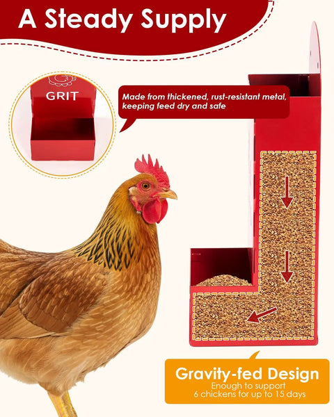 Automatic Gravity Fed Chicken Oyster Shell Feeder 2 Pack Large Capacity Grit Dispenser No Sweat Coop Supplies, red metal grit holder with chicken.