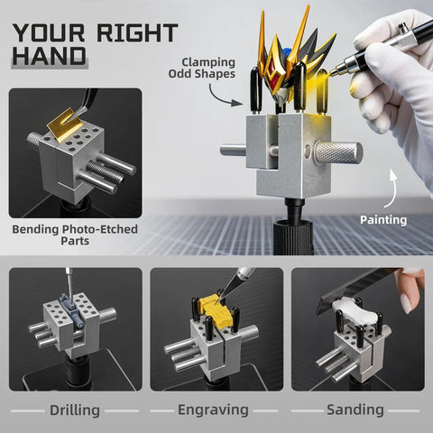 Mini Tabletop Vise That Converts to Handheld, 360 Degree Rotatable Precision Bench Clamp shown in model building use