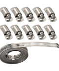 Ultimate Stainless Steel Hose Clamp Kit 304 Grade Adjustable Worm Gear Strap For Automotive Marine And DIY Pipe Repair Silver Heavy Duty Reusable Fasteners 12.6mm Width Perfect Fit No Rust Just Solid Strength You Can Count On; 10 clamps, coiled band