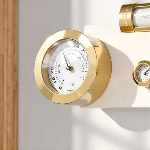 38mm Round Glass Analog Hygrometer With Probe For Humidors Guitars And Violins Mini Humidity Meter Must Have For Accurate Readings And Moisture Monitoring Of Instruments And Other Moisture Sensitive Gear gold round dial mounted on cabinet