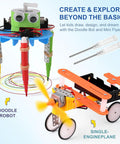 Hands-On Robot Building Kit for Kids Ages 6 to 13, featuring colorful doodle robot and single-engine plane with tools.