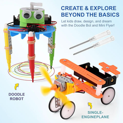 Hands-On Robot Building Kit for Kids Ages 6 to 13, featuring colorful doodle robot and single-engine plane with tools.