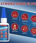 Heavy Duty Shoe Glue For Soles And Shoes Quick Dry Instant Adhesive With Anti Clog Cap Strong Bond For Rubber Soles Boots Sneakers Sandals Leather And Handbags Versatile Shoe Repair Kit front view with blue cap and features displayed.