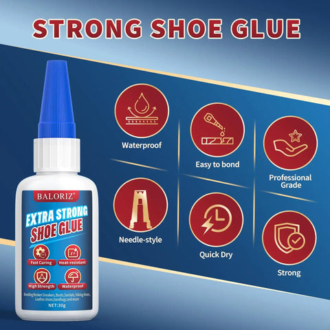 Heavy Duty Shoe Glue For Soles And Shoes Quick Dry Instant Adhesive With Anti Clog Cap Strong Bond For Rubber Soles Boots Sneakers Sandals Leather And Handbags Versatile Shoe Repair Kit front view with blue cap and features displayed.