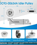 Diagram of DC93-00634A Idler Pulley from No-Fuss Dryer Repair Kit with dimensions and parts details