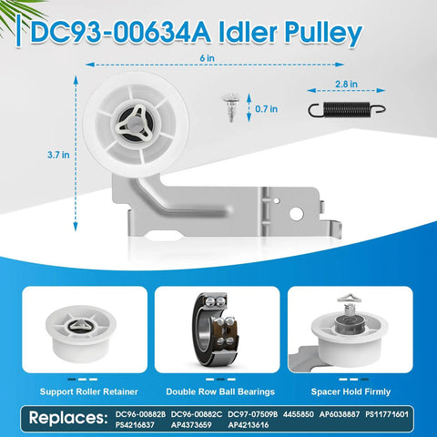 Diagram of DC93-00634A Idler Pulley from No-Fuss Dryer Repair Kit with dimensions and parts details