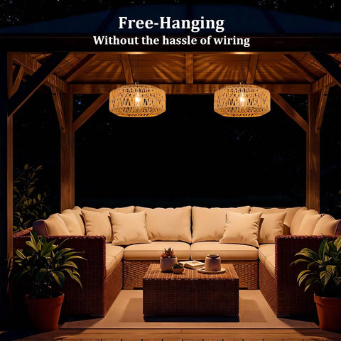 Laid Back Vibes 13 Inch Battery Powered Rattan Chandelier With Adjustable Brightness Dimmer And Timer For Gazebo Patio Or Pergola waterproof pendant light above a cozy outdoor seating area.