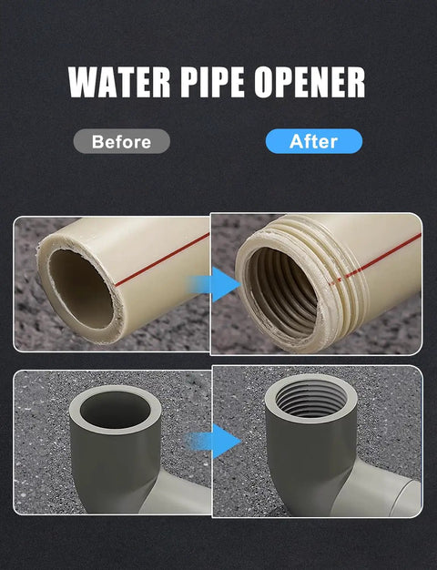 Before and after images of PVC pipes threaded with Dual Function Pipe Thread Cutter For Internal And External Threads Drill Compatible PVC Threader Kit One Half Inch And Three Quarters Inch Rethreading Tool.