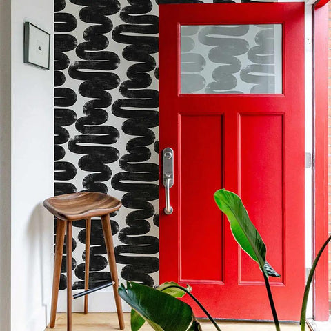 Entryway with Removable Peel And Stick Black And White Wiggle Room Wallpaper For Easy Mess Free Self Adhesive Wall Covering No Residue Left Behind DIY Friendly Mid Century Modern Vibe Made In The USA 20.5-Inch By 16.5-Foot behind red door