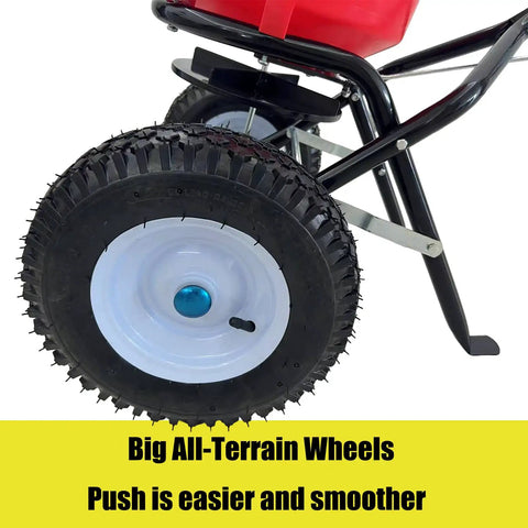 50 Pound Lawn And Fertilizer Spreader With Rustproof Poly Hopper And Epoxy Coated Frame, showing all-terrain pneumatic tire