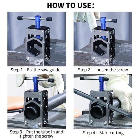 Four-step installation guide of Bike Saw Guide For Road And Mountain Bikes Pro Grade Adjustable Aluminum Alloy Cutter on workbench.