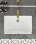 Top view of Undermount 21x14 Inch White Ceramic Bathroom Sink, Rectangular Vanity Lavatory Basin, Porcelain Under-Counter Hand Wash Sink With Overflow installed in marble countertop