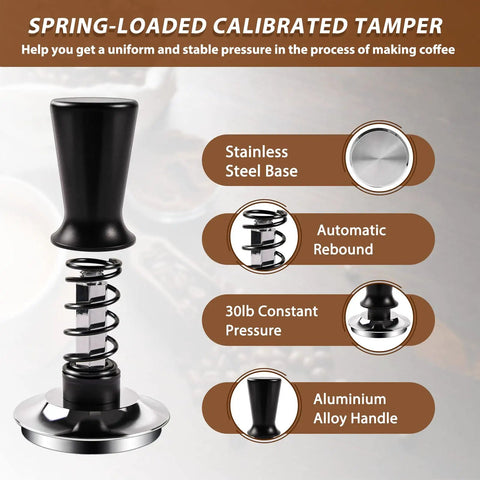 Five Piece Espresso Tamper Station Kit With Wooden Distributor, Calibrated Spring Loaded Tamper, Espresso Stirrer, Cleaning Brush, And 58mm Tamping Mat Pro Grade Barista Gear For Home Or Cafe Use