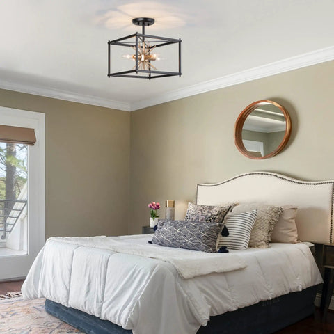 Sick Black Semi Flush Mount Ceiling Light With Dope Gold Starburst Accent Four Light Fixtures Matte Black Frame in bedroom