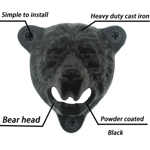 Heavy Duty Cast Iron Wall Mounted Beer Bottle Opener Boasting A Badass Grizzly Bear Head And Durable Metal Teeth Crafted For Your Man Cave Garage Bar Setup Or Top Shelf Home Bar Collection close-up of bear head