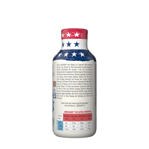 Heavy Hitting Ultrasonic Gun Cleaner 4X Ultra Concentrated Solution 4 Oz bottle with red, white, and blue design.