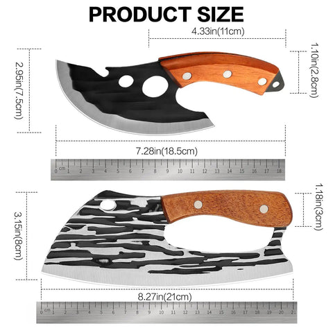 Two Piece Meat Cleaver Knife Set Steel Cleaver And Viking Style Boning Knife With Leather Sheath Ideal For Kitchen Prep Camping BBQ And Outdoor Cooking Heavy Duty Kitchen Tools, showing knife sizes in inches and cm