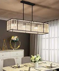 Modern Rectangular Crystal Chandelier With Four Lights For Kitchen Islands, Black Iron Frame, Clear K9 Prism Crystals